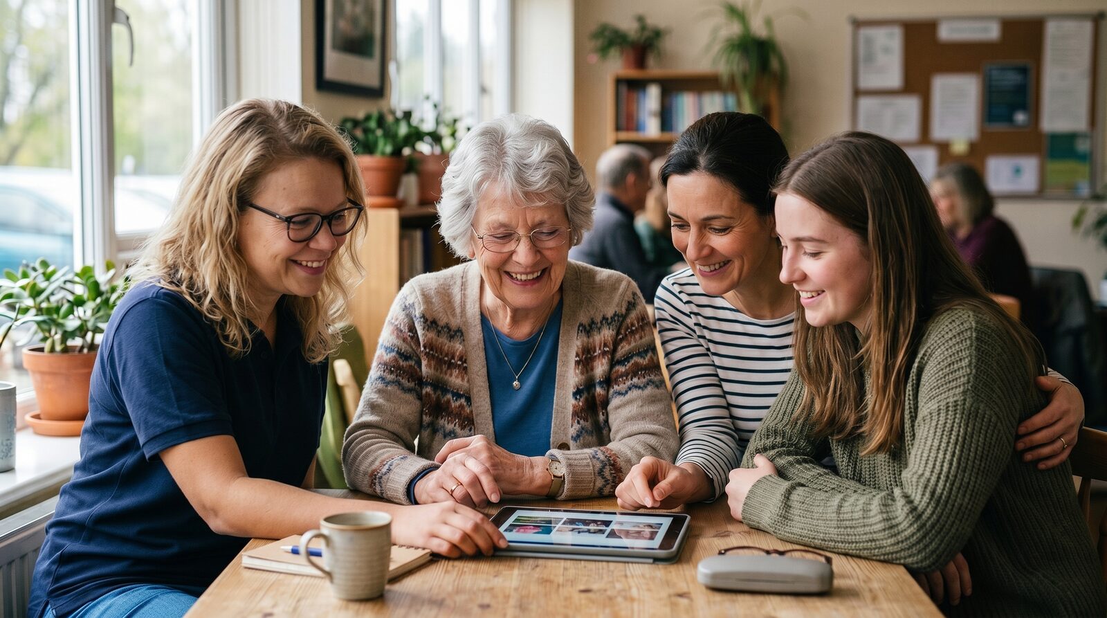 Mehrere ältere Menschen und ein jüngerer Helfer schauen gemeinsam lächelnd auf ein Tablet.
