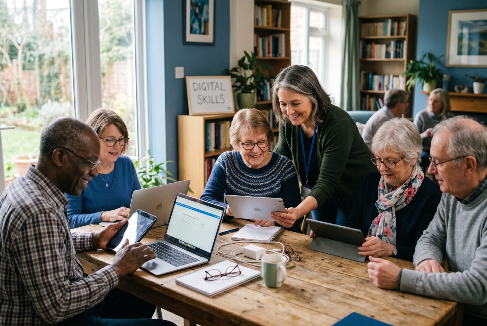 Gruppe älterer Menschen lernt gemeinsam an Tablets und Laptops.